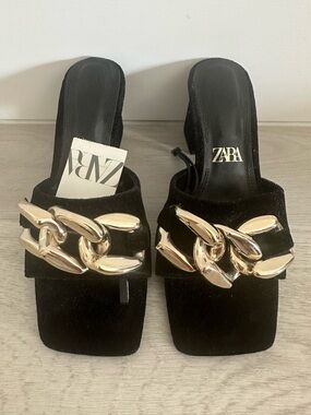 Zara Black Suede Mules with Gold Chain Accent